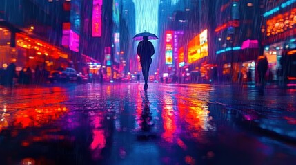 Silhouetted person walking with umbrella on a rainy city street illuminated by vibrant neon lights and reflections, evoking solitude and urban atmosphere
