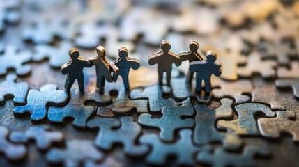People standing together on a jigsaw puzzle surface illustrate teamwork concepts