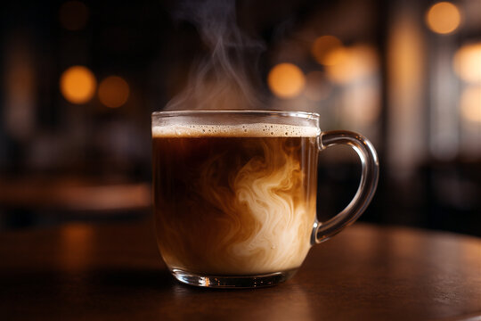 Steaming hojicha latte in a clear glass cup, milk swirling into roasted tea. Warm bokeh background, cozy cafe vibe