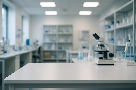 Modern laboratory with clean white counters, blurred background, and microscope in focus. Clinical and research setting