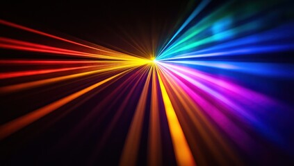 Colorful laser light beams radiating outward on a dark background.