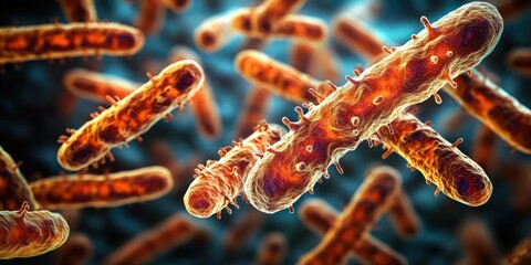 Close-up 3D visualization of rod-shaped bacteria with detailed surface texture floating in a bluish environment conveying microscopic biological activity