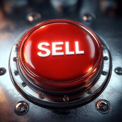 Close-up of a large red button labeled sell on a metallic base with industrial bolts under dramatic lighting