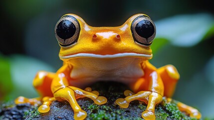Close-up of a bright orange frog with large black eyes sitting on mossy rock with blurred green and blue background