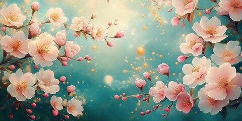 delicate pink cherry blossoms with buds on branches against a dreamy blue background with glowing golden particles