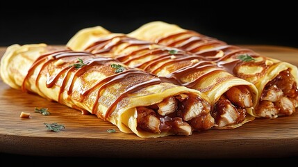 Three savory crepes filled with grilled chicken, drizzled with rich brown sauce and garnished with fresh herbs on a wooden board
