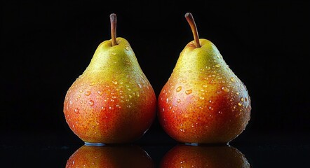 Two fresh yellow and red pears with water droplets standing side by side on a reflective black surface
