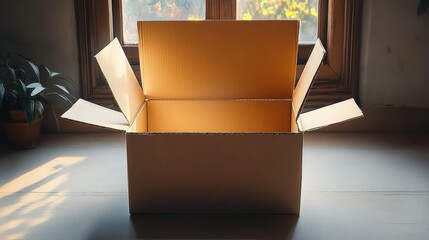 Opened empty cardboard box placed on a wooden surface near a window with soft sunlight casting shadows, indoor plant nearby, warm and calm atmosphere