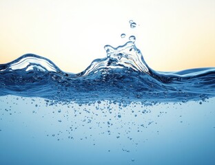 Close-up view of clear blue water with bubbles rising and dynamic waves under soft natural light
