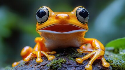 Close-up of a bright orange frog with large dark eyes perched on mossy bark in a natural green environment