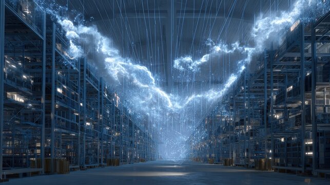 Warehouse filled with server racks and CTO visualizing real-time cloud analytics.