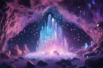 Fototapeta premium Enchanted Crystal Cave with Glowing Gem Formation. Generative AI.