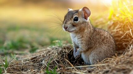 Obraz premium Young Ground Squirrel Emerging From Burrow In Sunlit Field. Wildlife In Natural Habitat