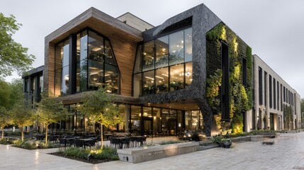 Fototapeta premium Architectural Marvel: A stunning, contemporary building showcasing modern design elements, sleek lines, and a harmonious blend of natural and industrial materials.