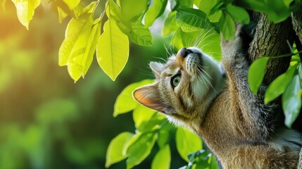 Cat Climbing Tree Surrounded By Lush Green Leaves. Curious Feline Exploring Nature