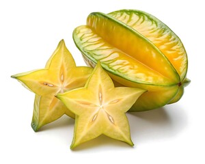 Fototapeta premium Fresh ripe star fruit sliced and whole on a white background