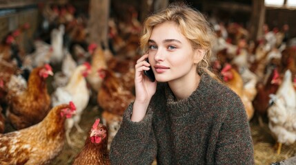 Woman discussing chicken feed orders on phone with hens around her.