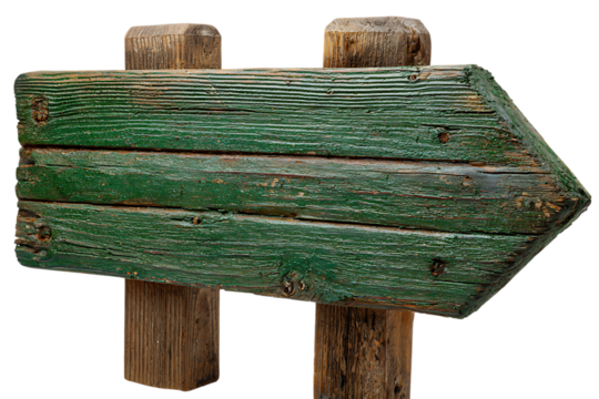 Rustic green wooden directional signpost pointing right isolated on transparent background