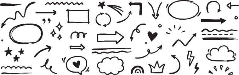 Line sketch star, arrow, heart decoration element icon set. Hand drawn sketch doodle cute star, emphasis, flower element text decoration shape vector illustration