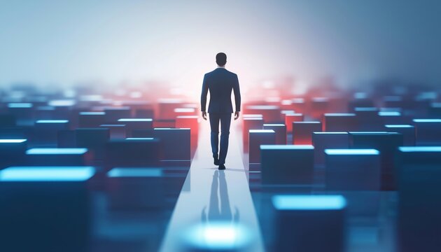 Businessman Ventures Into The Future: Embracing Web 3.0, Metaverse, And Blockchain In The Next Evolution Of The Internet. Futuristic Outlook.