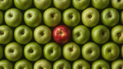 Single red apple among green apples displaying contrast and uniqueness