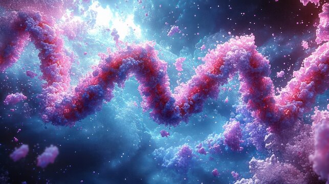 Highly detailed close-up of a glowing spiral molecular structure resembling DNA with particles floating around in a blue and purple cosmic background
