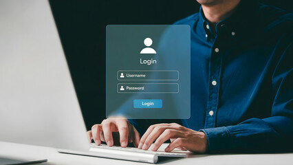 Digital security shown as person types username and password to access a computer login screen, illustrating internet safety and data protection through secure authentication online.