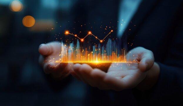 Close-up of human hands holding a glowing digital 3D graph with data points and bars emitting light and sparks in a dark blurred background