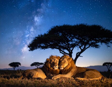 Two lions gently hugging each other in the savanna at night, starry sky and silhouette of acacia tree