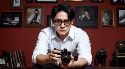 Photographer with Vintage Camera in Studio with Framed Portraits and Red Wall