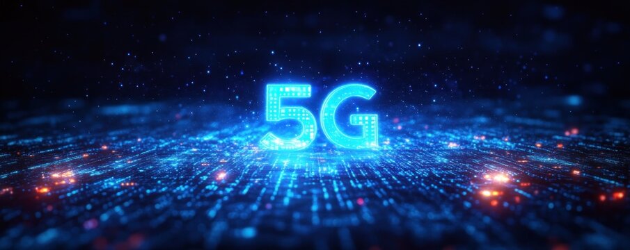 Glowing blue 5G text hovering over a futuristic digital circuit board with bright lights and data flow representing advanced wireless technology