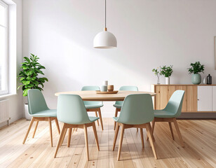 Create a cozy chic dining room in mint green scandinavian style homey atmosphere