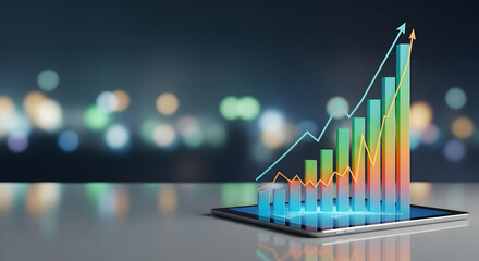 Ascending Growth: Dynamic 3D Bar Graph and Line Chart on Tablet Display, Illuminated by City Lights