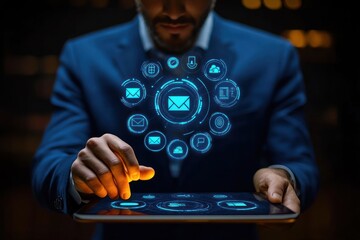 Man in suit interacting with futuristic virtual email and communication icons holographically projected above a digital tablet in a dark environment