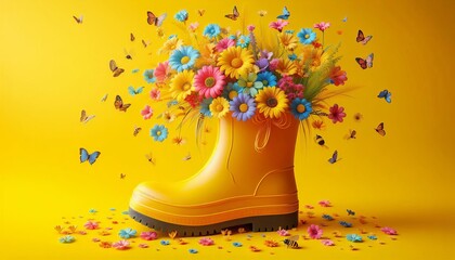 Yellow rubber boots filled with colorful spring flowers with butterflies on a yellow background.