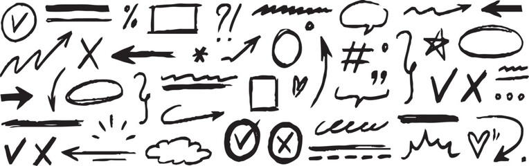 Line sketch star, arrow, heart decoration element icon set. Hand drawn sketch doodle cute star, emphasis, flower element text decoration shape vector illustration