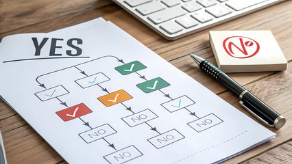 Yes no decision tree flowchart with pen and keyboard on wooden desk for business analysis process