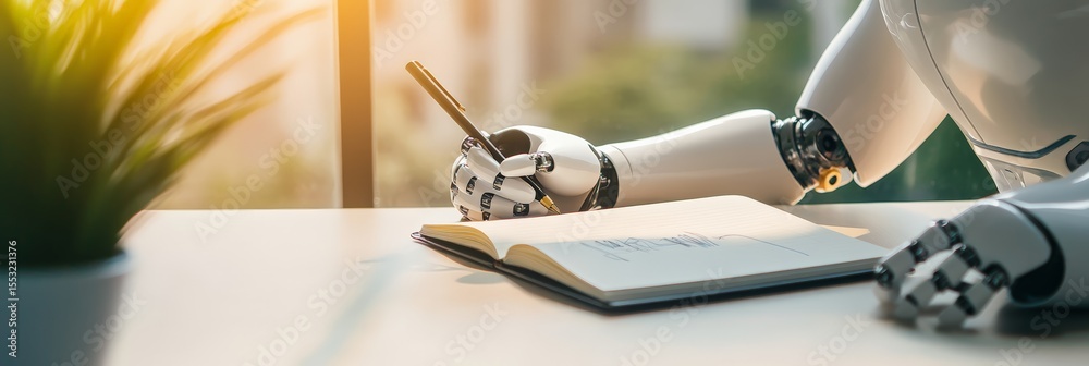 Poster Robot hand holding pen and writing notes in notebook at modern office desk with computer, representing automation, artificial intelligence, and future of work