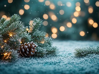 Christmas Branches Background with Snow, Pine Cones and Soft Blue Bokeh Lights, Winter Scene with Text Space