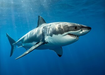 Fototapeta premium A dramatic illustration of a great white shark mid-swim, its sleek gray body and white underside highlighted by sharp details and its powerful jaws slightly open.