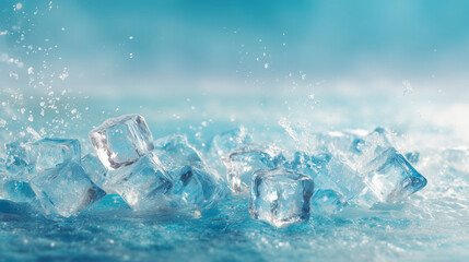 Obraz premium 水しぶきとともに氷が飛び散る動的なシーン（清涼感・夏・飲料）