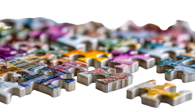 Close-up view of neatly arranged jigsaw puzzle in progress on transparent background