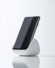 Sleek black smartphone on minimalist white charging stand in modern design