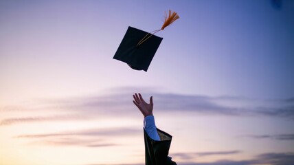 Celebratory graduation hat toss at sunset
