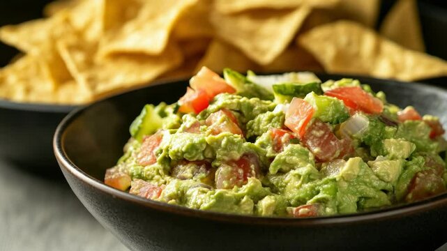 A bowl of fresh, creamy avocado and tomato guacamole served with tortilla chips. A healthy Mexican appetizer or tostada topping.