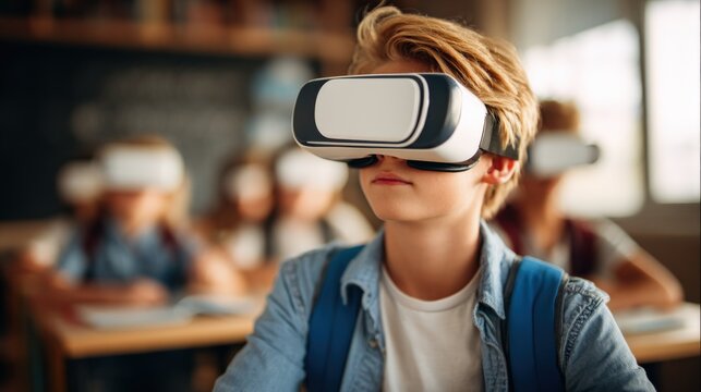 Young student experiencing future education with virtual goggles, classmates blurred behind.