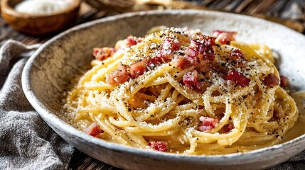 A close-up shot of spaghetti carbonara with bacon and cheese, ready to eat.
