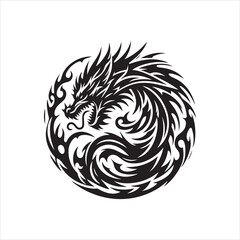 Obraz premium Intricate black and white dragon design in a circular tribal pattern.