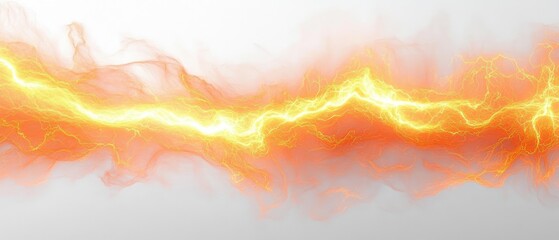 Dynamic electric lightning bolt with glowing bright orange and yellow energy streaks on a soft white background, conveying power and energy flow