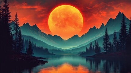 Massive glowing orange full moon rises over blue mountain range reflecting on calm lake surrounded by tall pine trees under a dramatic red sky at dusk